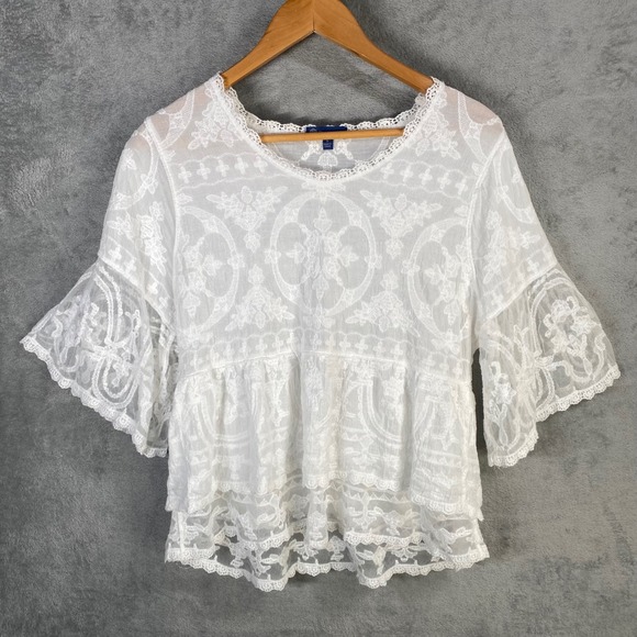 Democracy White Lace Tiered Bell Sleeve Peasant Top Blouse Shirt Size S Boho - Picture 2 of 7